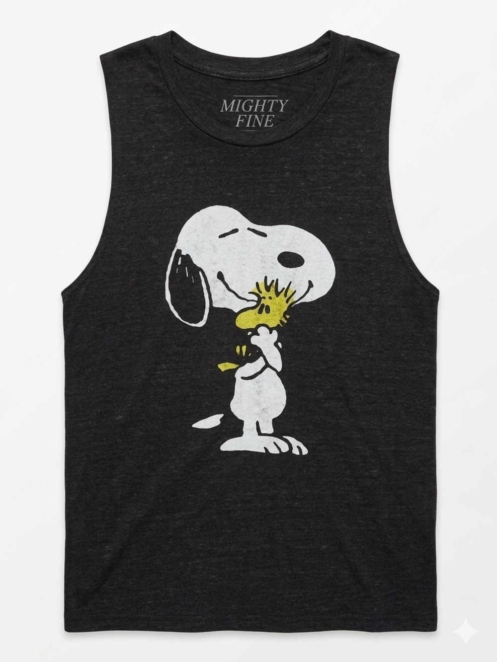 Mighty Fine Black Tank with White Snoopy and Yellow Woodstock Graphic